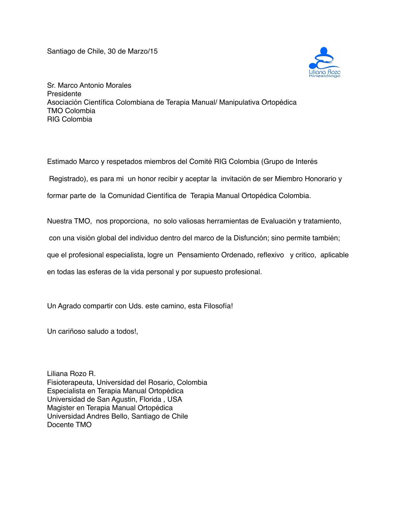 Carta de Liliana Rozo que acepta ser miembro honorario de TMO Colombia